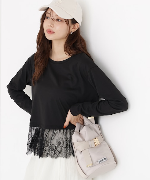 ＜a／mie＞レースヘム長袖Tシャツ