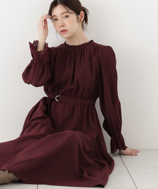 部分刺繍スリーブワンピース