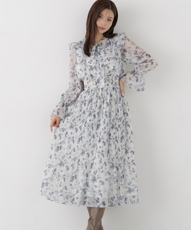 リボンプリーツ花柄ワンピース