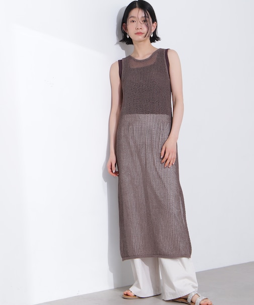 メッシュレイヤードニットワンピース