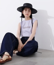 フロッキープリントノースリーブTシャツ