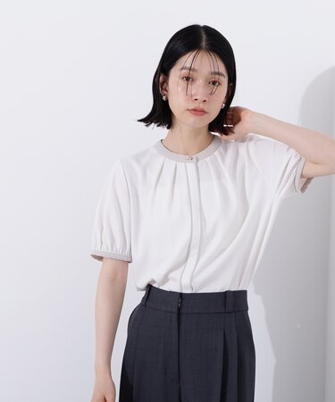 バイカラートリミングブラウス