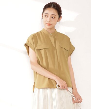 メランジドライスタンドシャツブラウス 半袖 (セットアップ可)