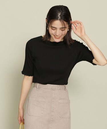 メローリブボートネックトップス 五分袖