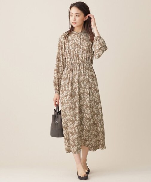 ぼかしリーフ柄ワンピース 長袖