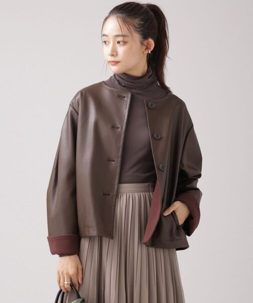 ヴィーガンレザー ノーカラーブルゾン セットアップ可