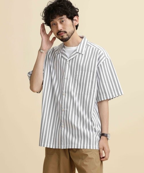 新品　nanouniverse　ストライプコットンカラーオープンシャツ　ベージュ SALE／50%OFFNANO universe LB.04⁄ストライプコットン