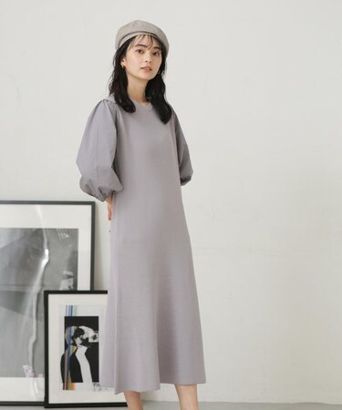 LB.04／袖布帛コンビニットフレアワンピース