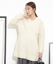 Vネックラメミックスロングニット