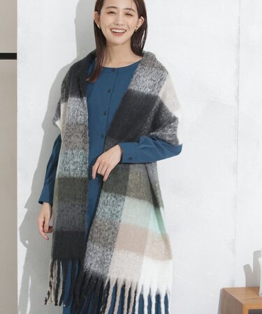 WEB限定／シャギーチェック太フリンジボリュームマフラー