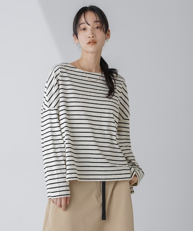 WEB限定/ボーダーワイドドロップトップス