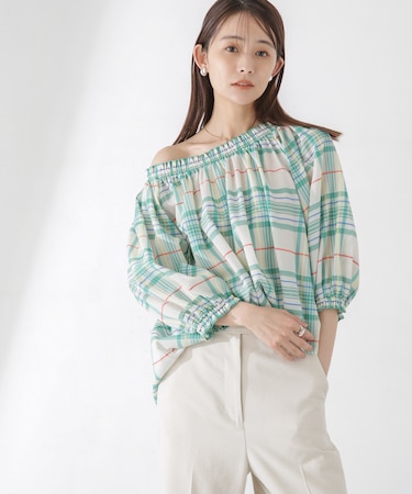シアーチェックギャザー2wayブラウス