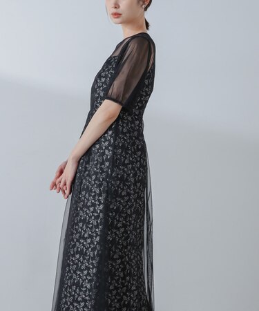 kaene/プリントジャガード×チュールドレス