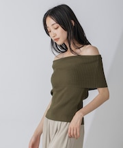 オフショルダーリブニットトップス