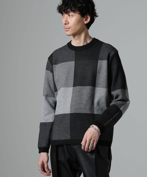 ブロックチェッククルーネックニット