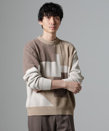 モールヤーンカラーブロッキングクルーネックニット