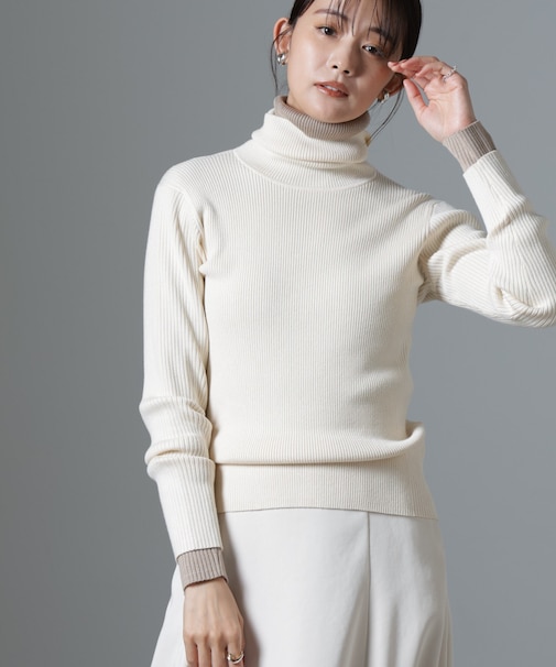 椿オイル加工リブタートルニット