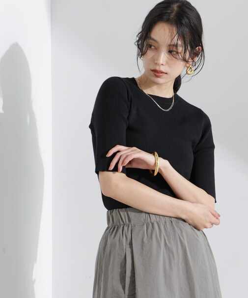 ウォッシャブルハイツイスト五分袖リブニット