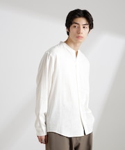 アンチスメルリネン バンドカラーシャツ 長袖