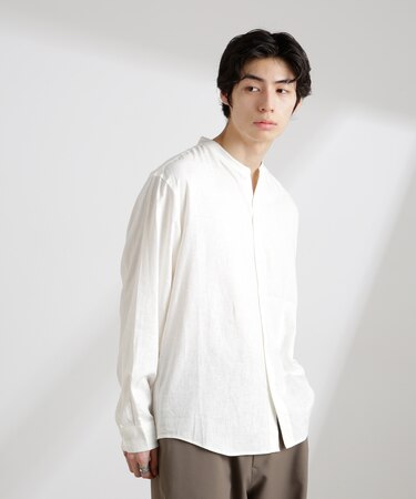 アンチスメルリネン バンドカラーシャツ 長袖