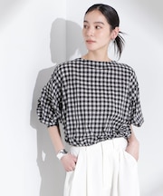 シアーチェックバックオープンバルーンブラウス
