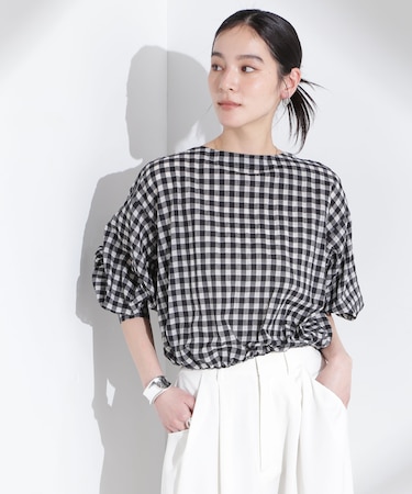 シアーチェックバックオープンバルーンブラウス