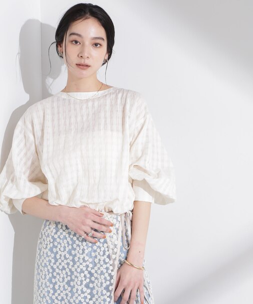 シアーチェックバックオープンバルーンブラウス