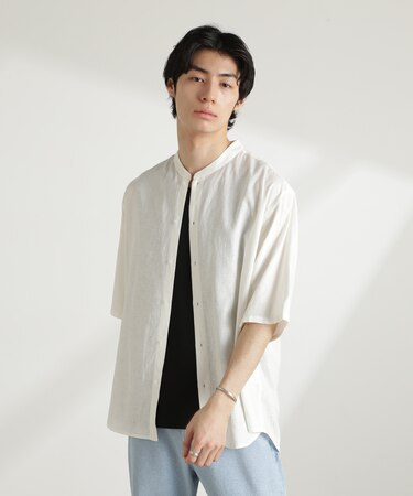 アンチスメルリネン バンドカラーシャツ 半袖