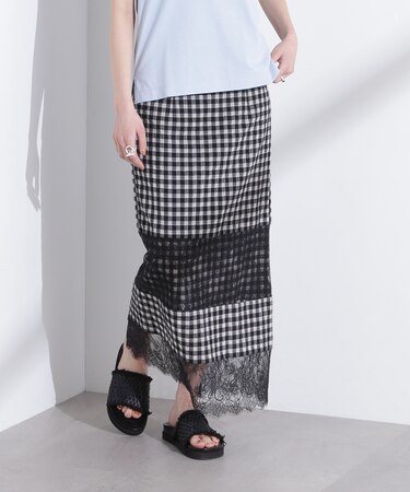 シアーチェックレースボーダーマキシスカート