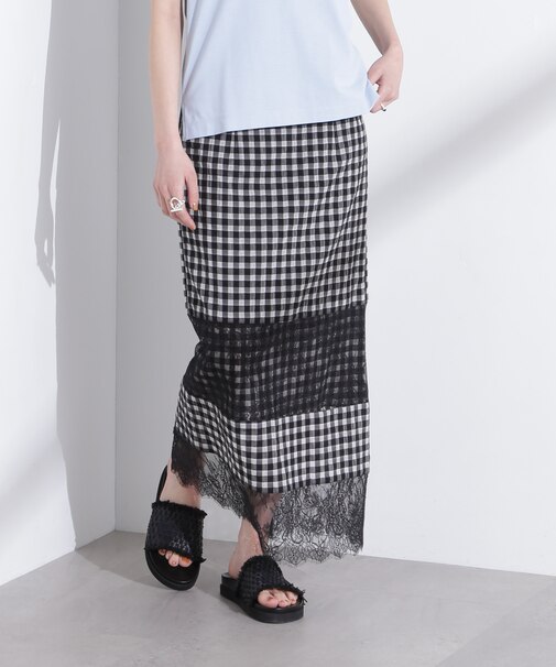 シアーチェックレースボーダーマキシスカート