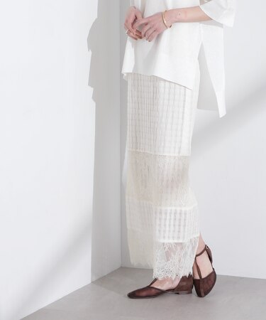 シアーチェックレースボーダーマキシスカート