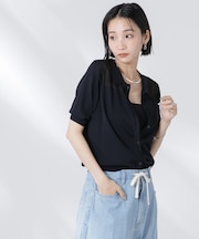 シアー切り替え半袖ニットカーディガン