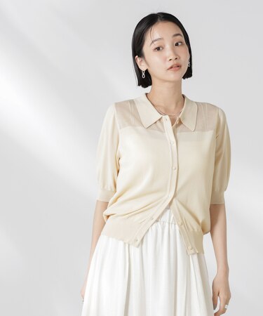 シアー切り替え半袖ニットカーディガン