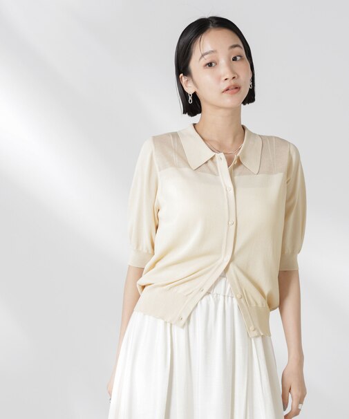 シアー切り替え半袖ニットカーディガン