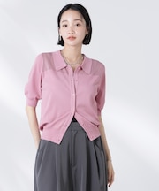 シアー切り替え半袖ニットカーディガン