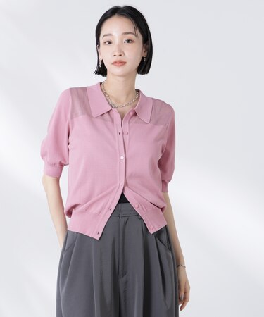 シアー切り替え半袖ニットカーディガン