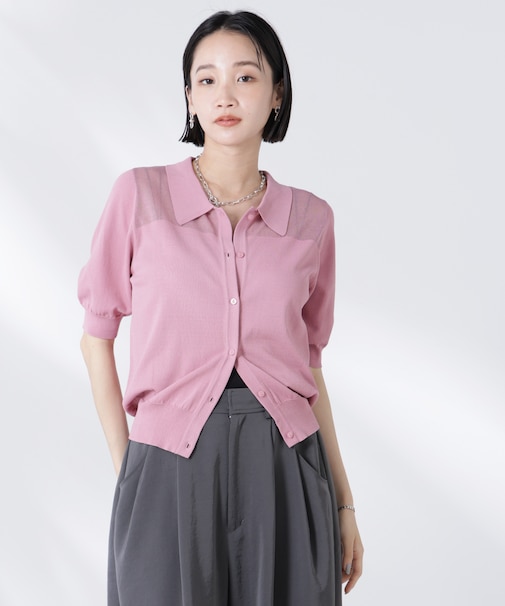 シアー切り替え半袖ニットカーディガン