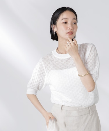 レース柄クルーネック半袖ニット