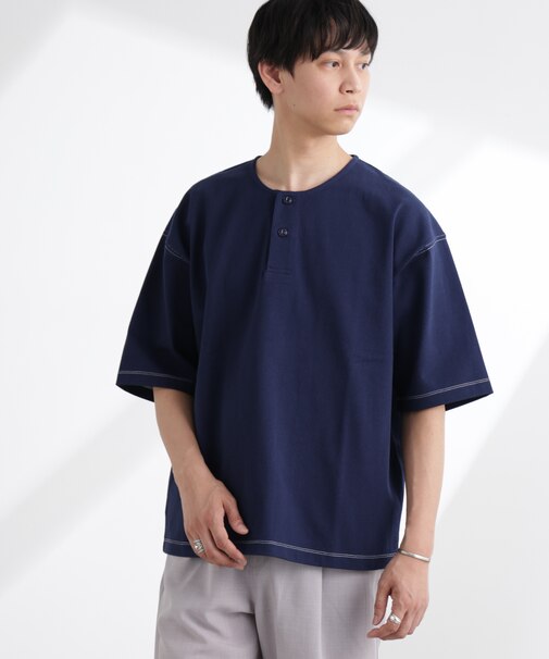 ヘビーオンスワイドヘンリーネックTシャツ 半袖
