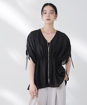 リネン混シアーギャザージップブラウス