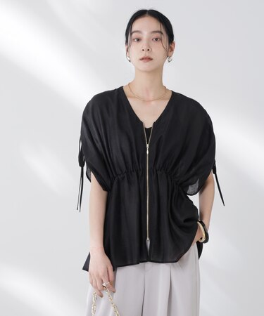 リネン混シアーギャザージップブラウス
