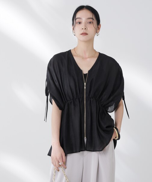 リネン混シアーギャザージップブラウス