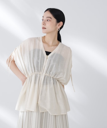 リネン混シアーギャザージップブラウス