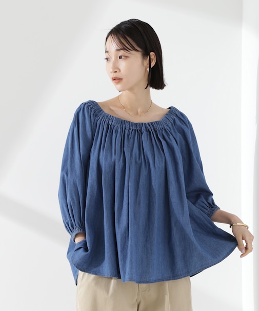 ライトデニムギャザーブラウス(セットアップ可)