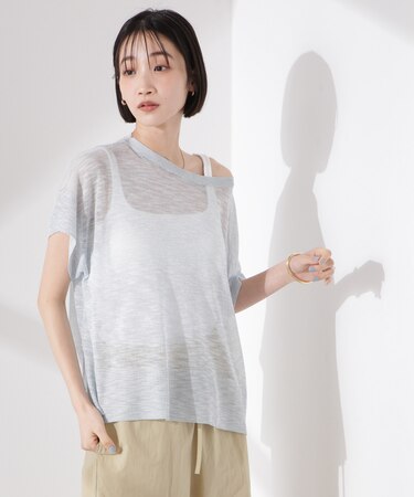 ラメスラブシアーワイドニットトップス