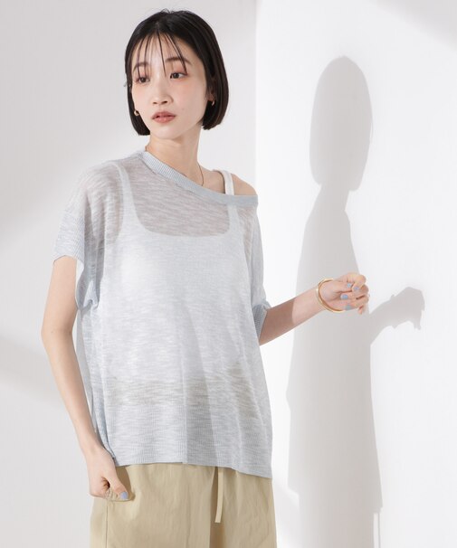 ラメスラブシアーワイドニットトップス