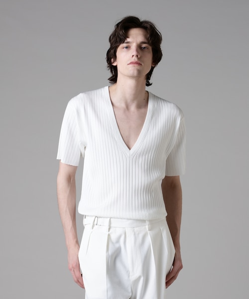 ASSEMBLANC」ウォッシャブルシルクワイドリブVネックニットTシャツ