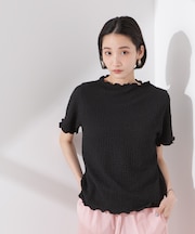 シャーリングジャガード半袖ナロートップス (セットアップ可)