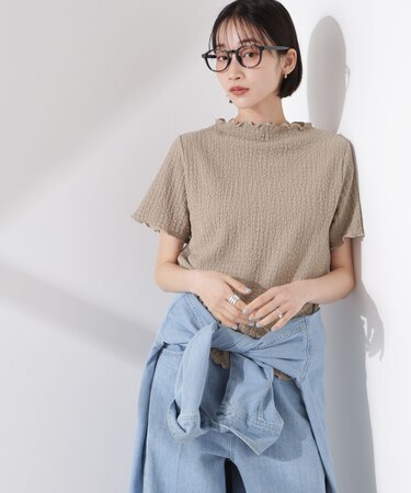 シャーリングジャガード半袖ナロートップス (セットアップ可)