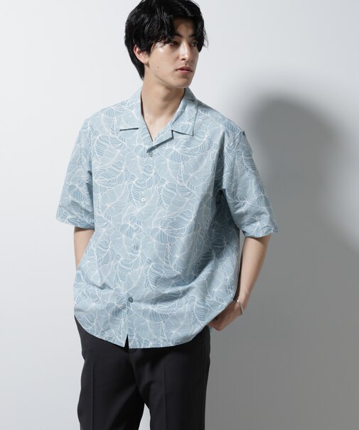 ボタニカルパターンサッカーシャツ 半袖(セットアップ可)